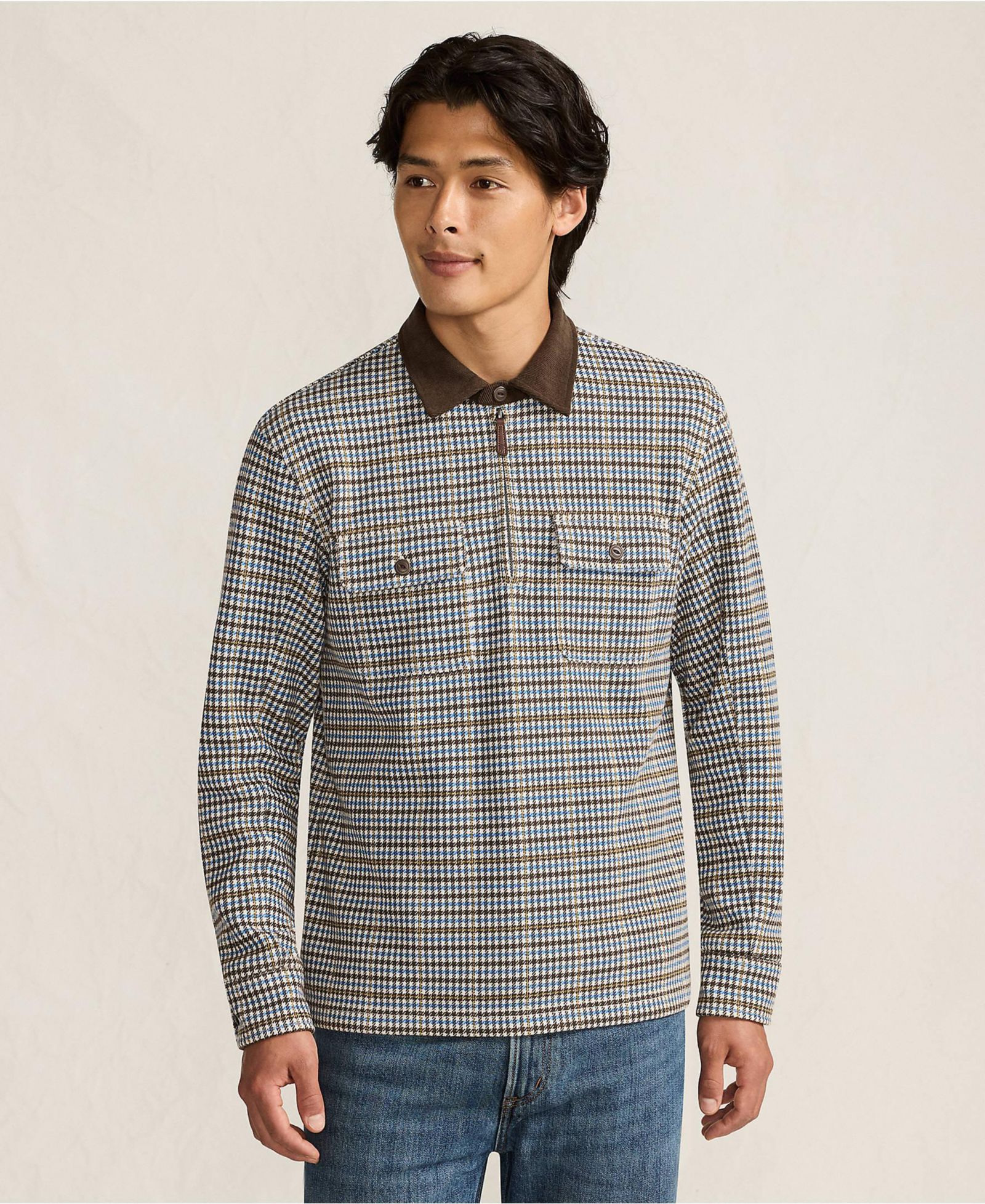 Lands' End Men's Long Sleeve Corduroy Collar Bedford Rib Quarter Zip