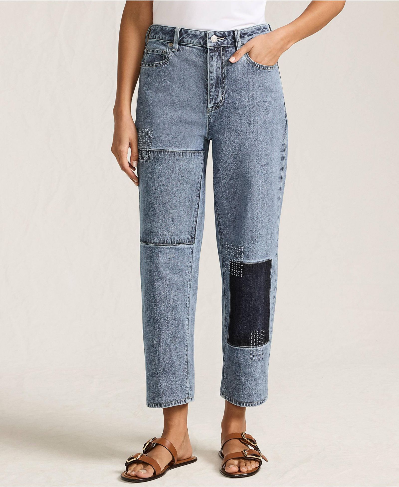 Женские джинсы Lands' End Soft Denim Mid Rise Relaxed Straight Crop Patchwork