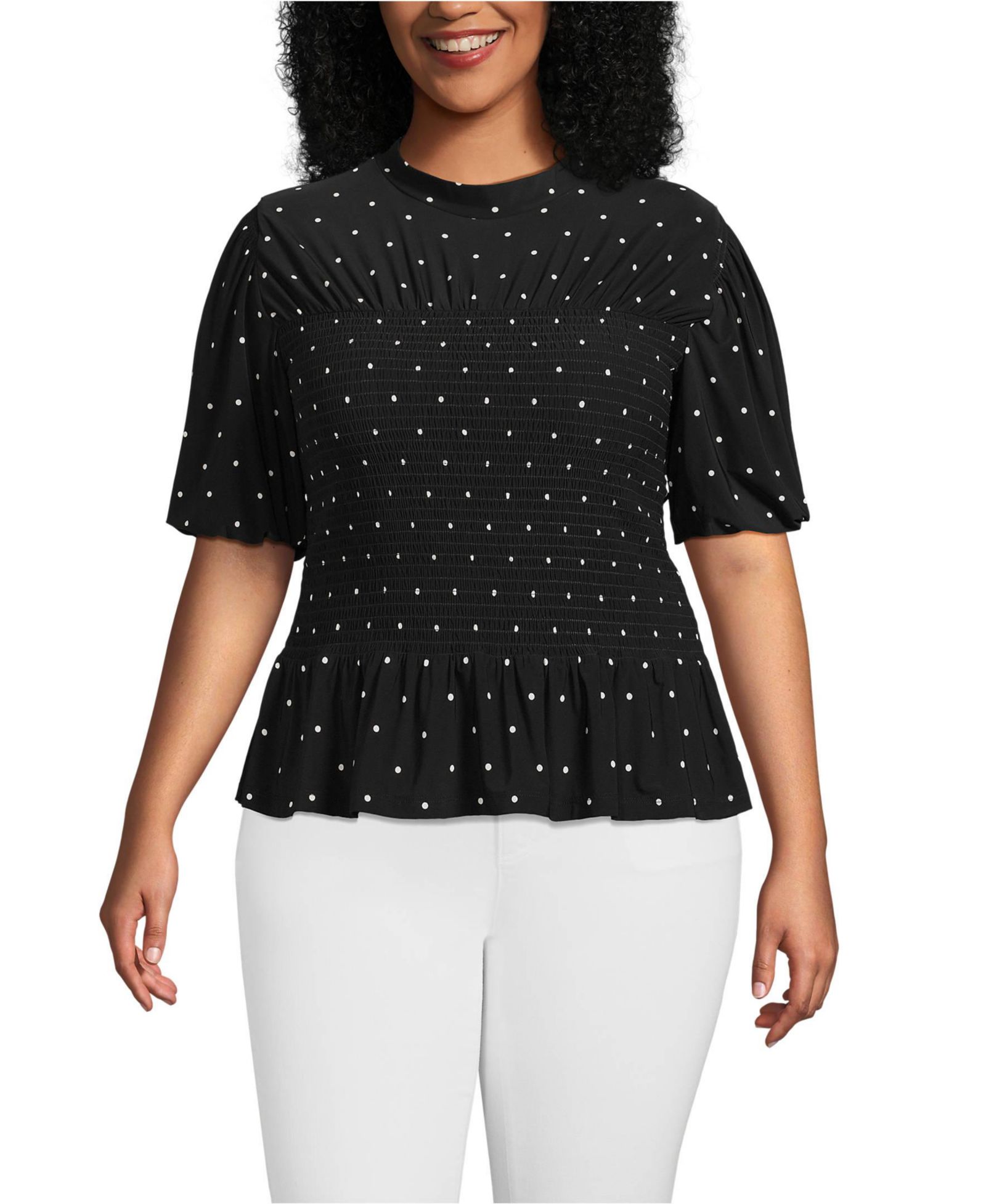 Lands' End Plus Size шелковый трикотажный топ с пышными рукавами и воротником-стойкой