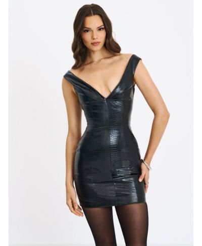 Miss Circle Women's Quilia Black Faux Crocodile Leather Plunge Mini Dress