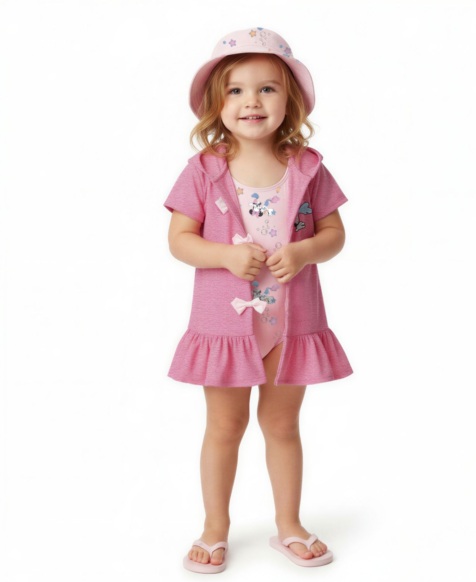 Disney Baby Girls' Minnie Short-Sleeve Cover-Up, Swimsuit and Bucket Hat, 3-Piece Set