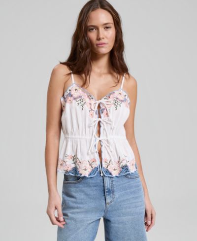 Женский топ And Now This Cotton Embroidered Tie-Front Peplum Tank