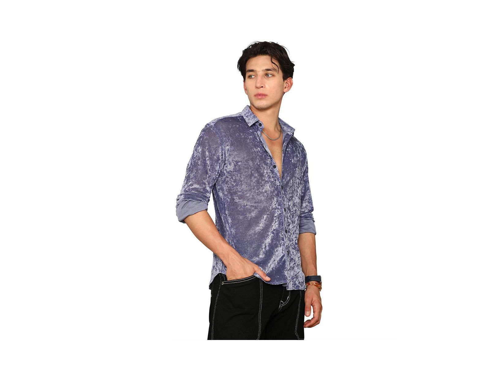 Campus Sutra Men's Cornflower Blue Solid Velvet Shirt