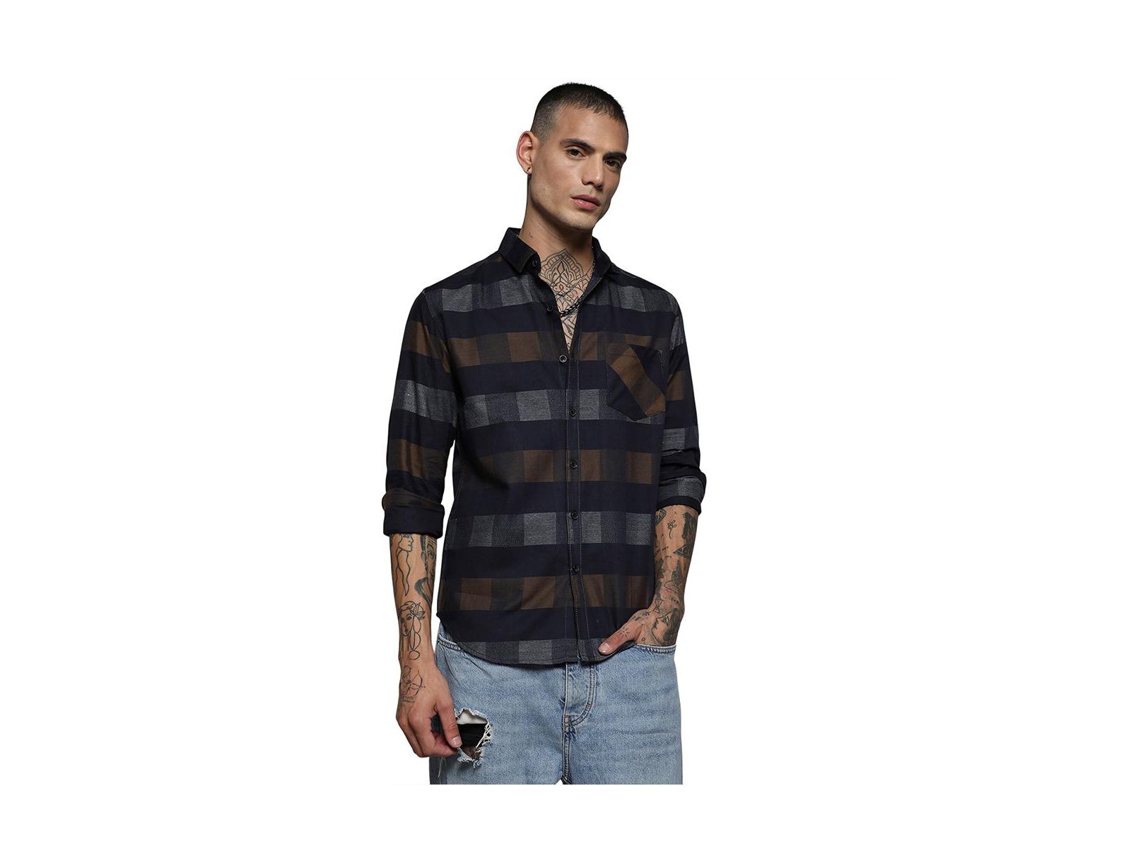 Campus Sutra Мужская рубашка в клетку Grey & Olive Green Gun Club