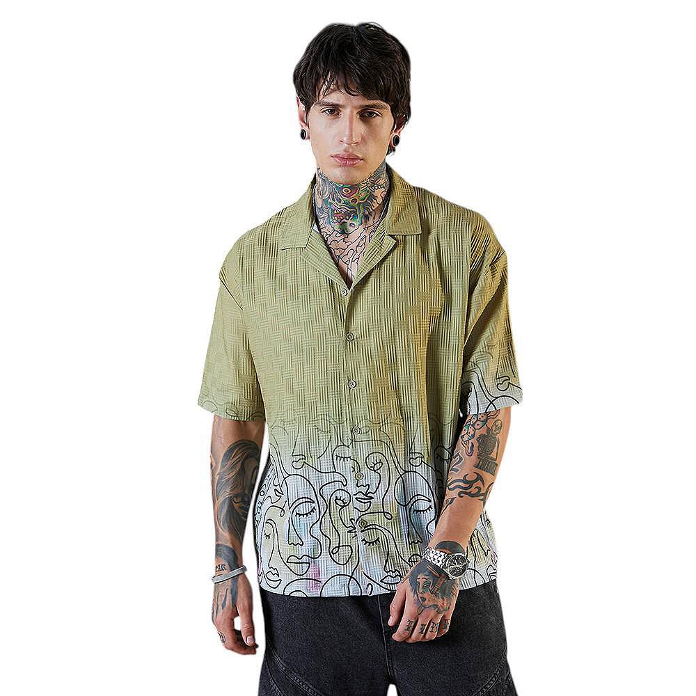 Campus Sutra Men's Pistachio Green Faces-Ombre Oversized Shirt
