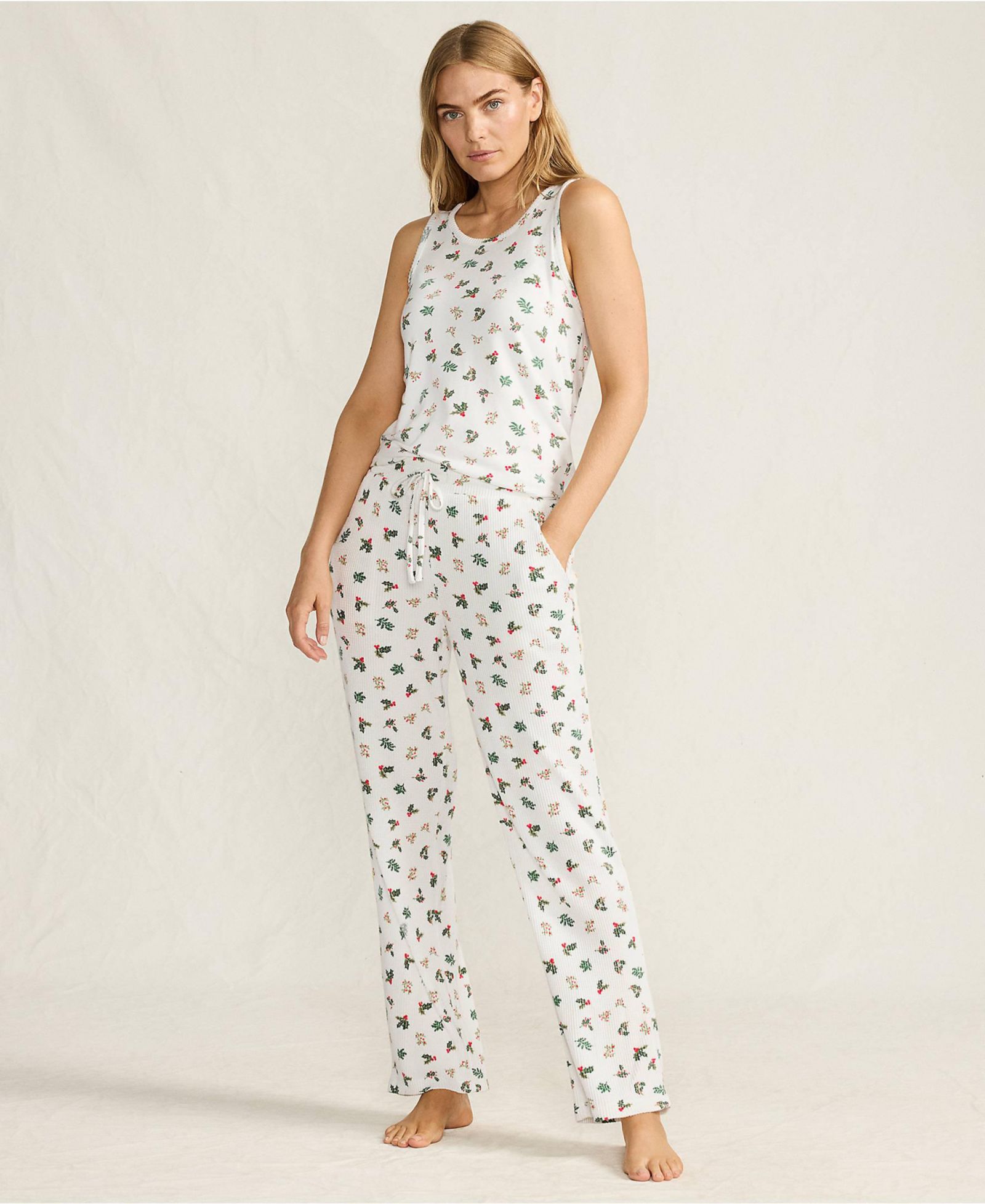 Lands' End Women's Brushed Cozy Waffle Jersey 3 Piece Pajama Set - Tank Top Pant and Robe