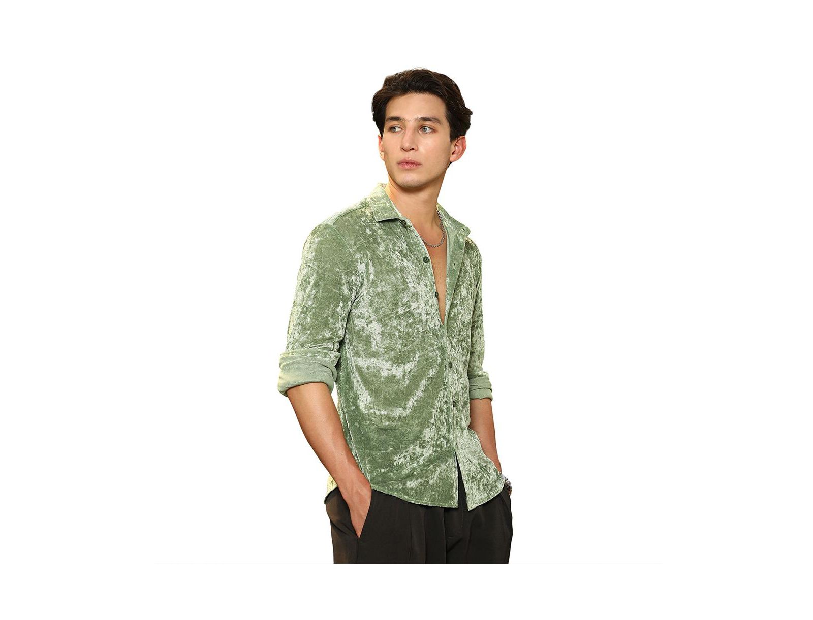 Campus Sutra Men's Sage Green Solid Velvet Shirt