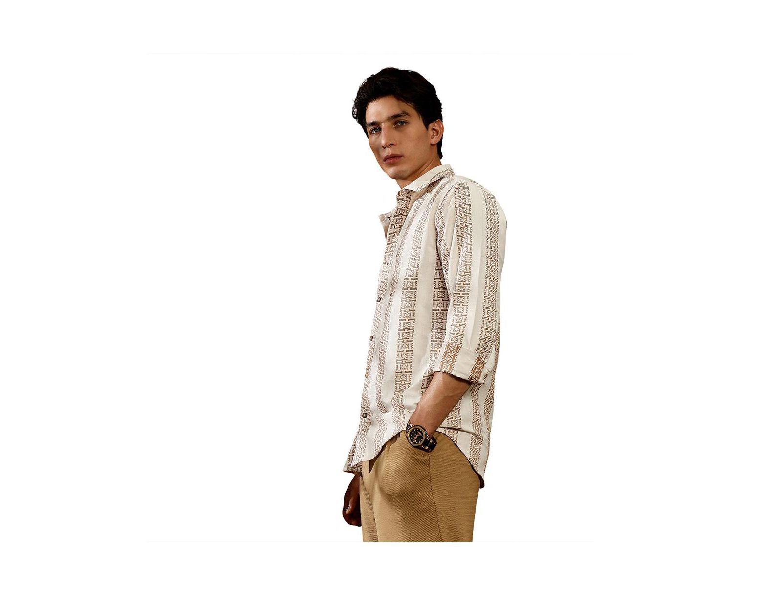 Campus Sutra Men's Ash Brown & Off-White Indie-Stripe Jacquard Shirt
