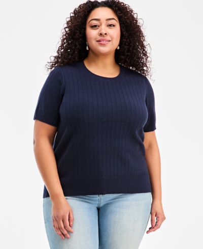 Style & Co Plus Size Ribbed Crewneck Short-Sleeve Sweater, Macy's Exclusive