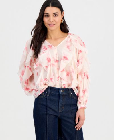 I.N.C. International Concepts Petite V-Neck Ruffled Blouse, Created for Macy's