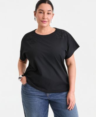 I.N.C. International Concepts Plus Size Short-Sleeve Lace-Shoulder Tee, Created for Macy's
