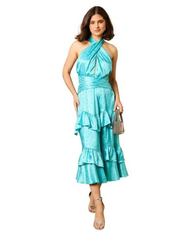 Oasis Women's Halterneck Satin Jacquard Midi Dress