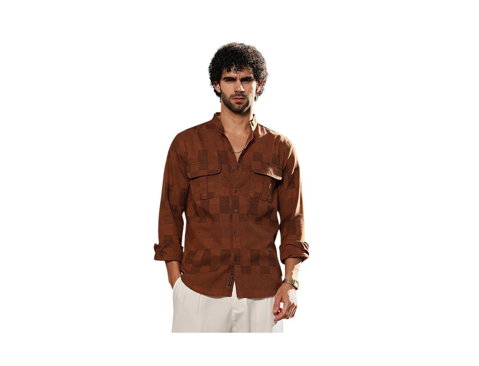 Мужская рубашка Campus Sutra Russet Brown Mandarin Utility