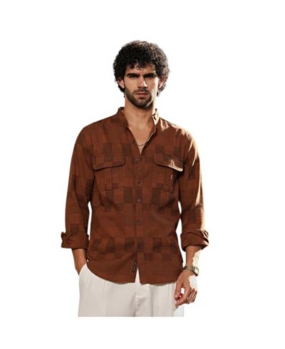 Campus Sutra Men's Russet Brown Mandarin Utility Shirt