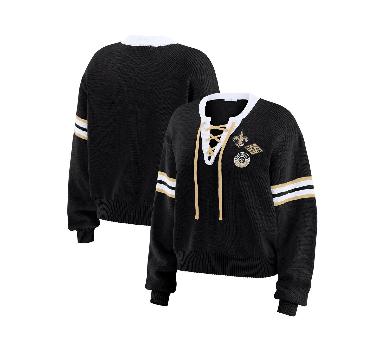 Женский свитер WEAR by Erin Andrews Black New Orleans Saints Lace-Up