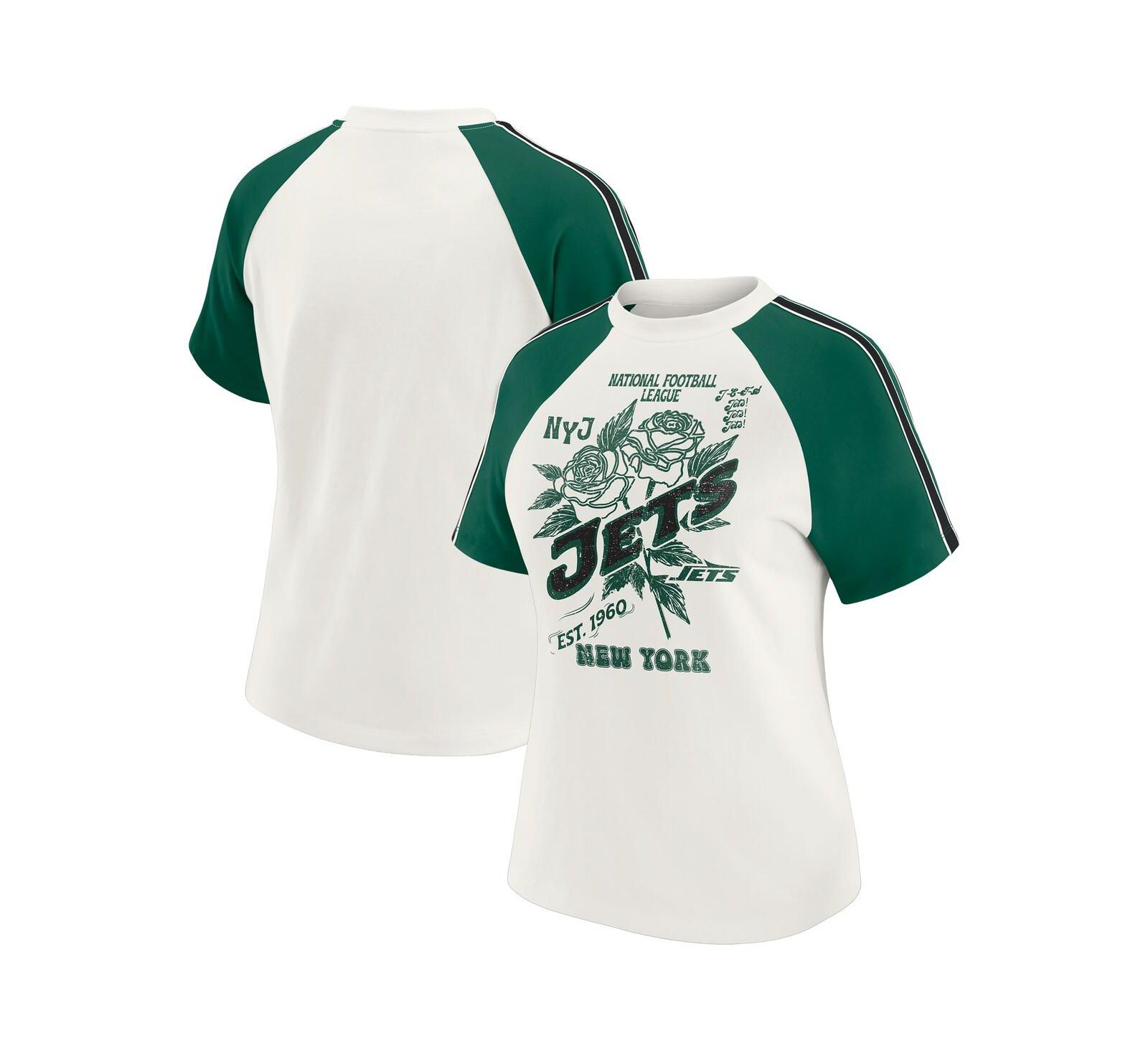 WEAR by Erin Andrews Women's White New York Jets Sleeve Stripe Distressed Raglan T-Shirt