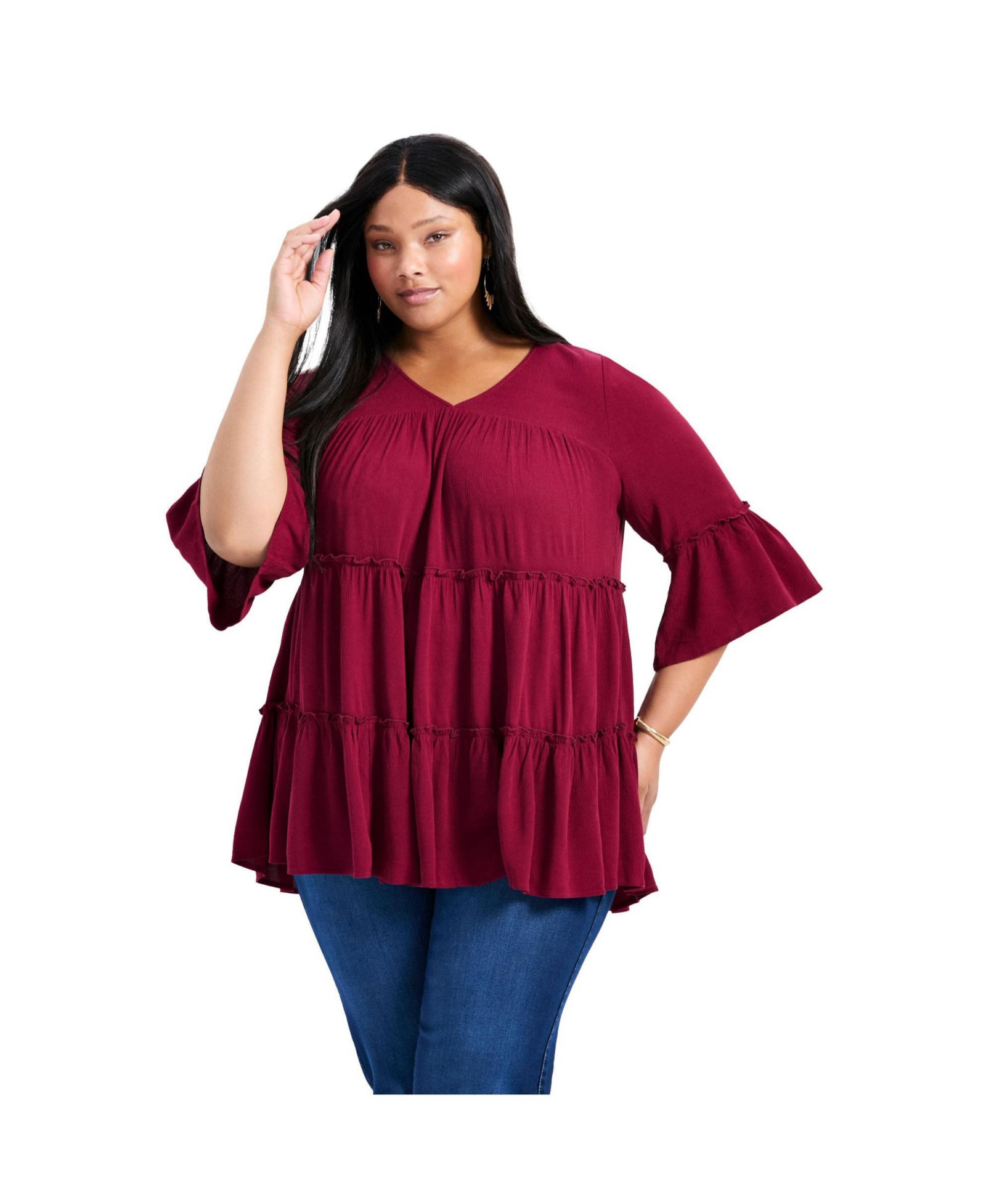 Avenue Women's Plus Size Amy Tiered Bell Sleeve Blouse