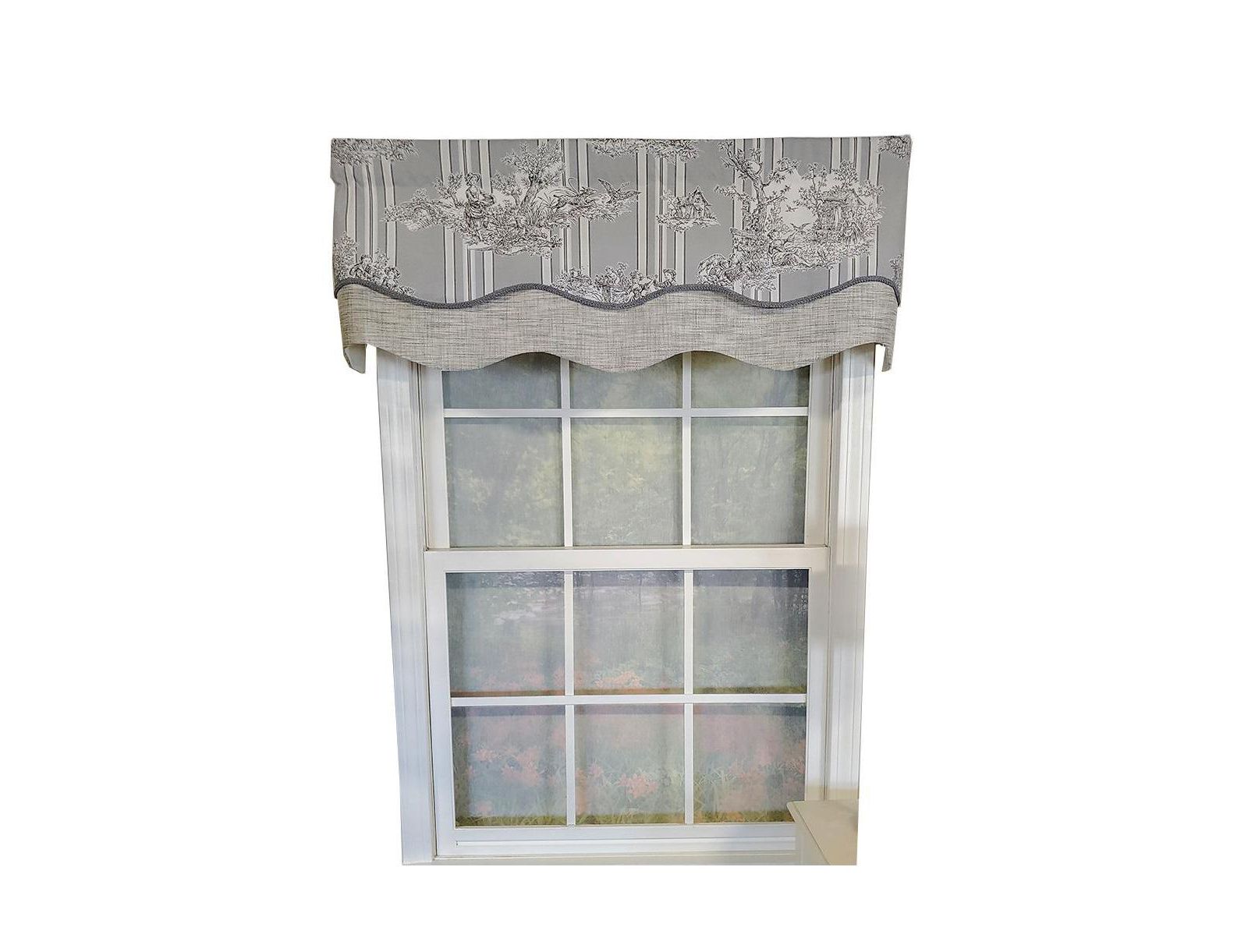 RLF Home French Tableau Classic Toile Stripe and Solid Fabric Gimp Trim Ivory Lining No Header Glory Valance 50" X 16"