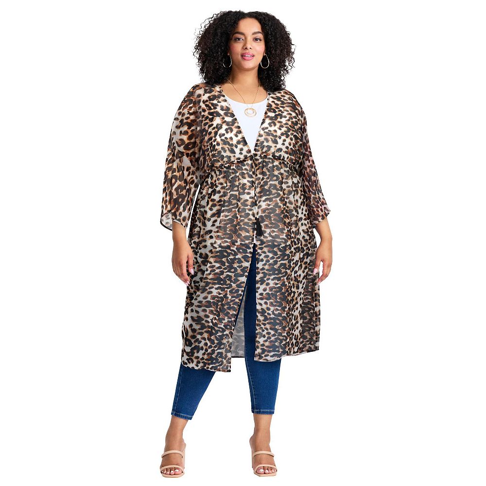 Avenue Women's Plus Size Tie-Front Duster Kimono Sweater