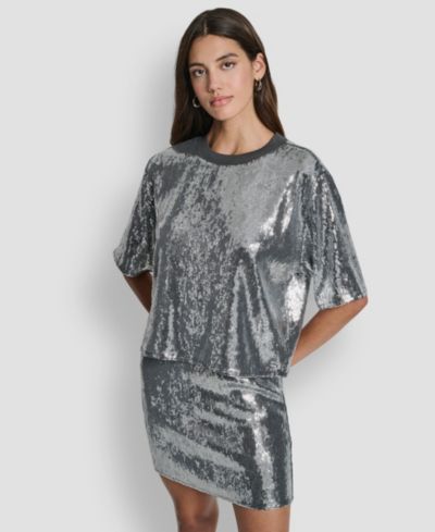 DKNY Jeans Women's Sequins Crewneck Boxy Short-Sleeve Relaxed T-Shirt
