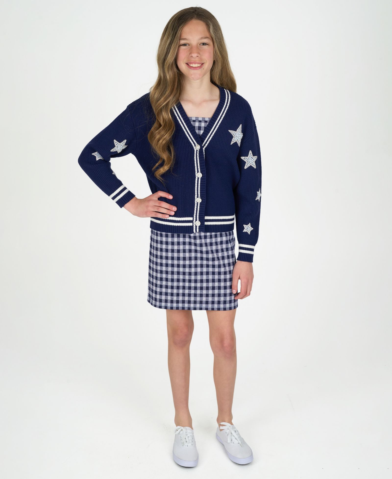Rare Editions Girls' 7-16 Varsity Cardigan with Gingham Dress, 2-Piece Set