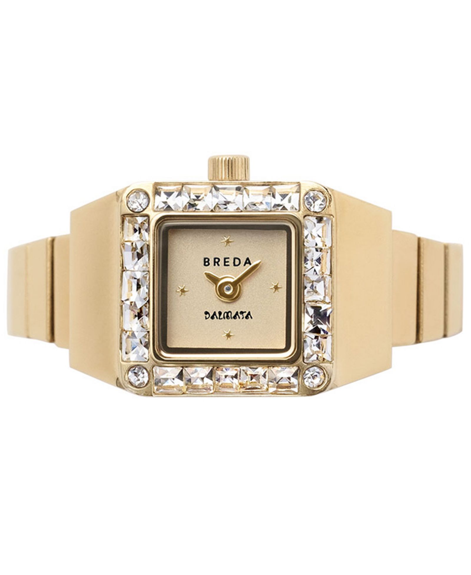 BREDA Women's x Dalmata Time Ring Clear Crystals and Gold Expandable Ring Watch, 15mm