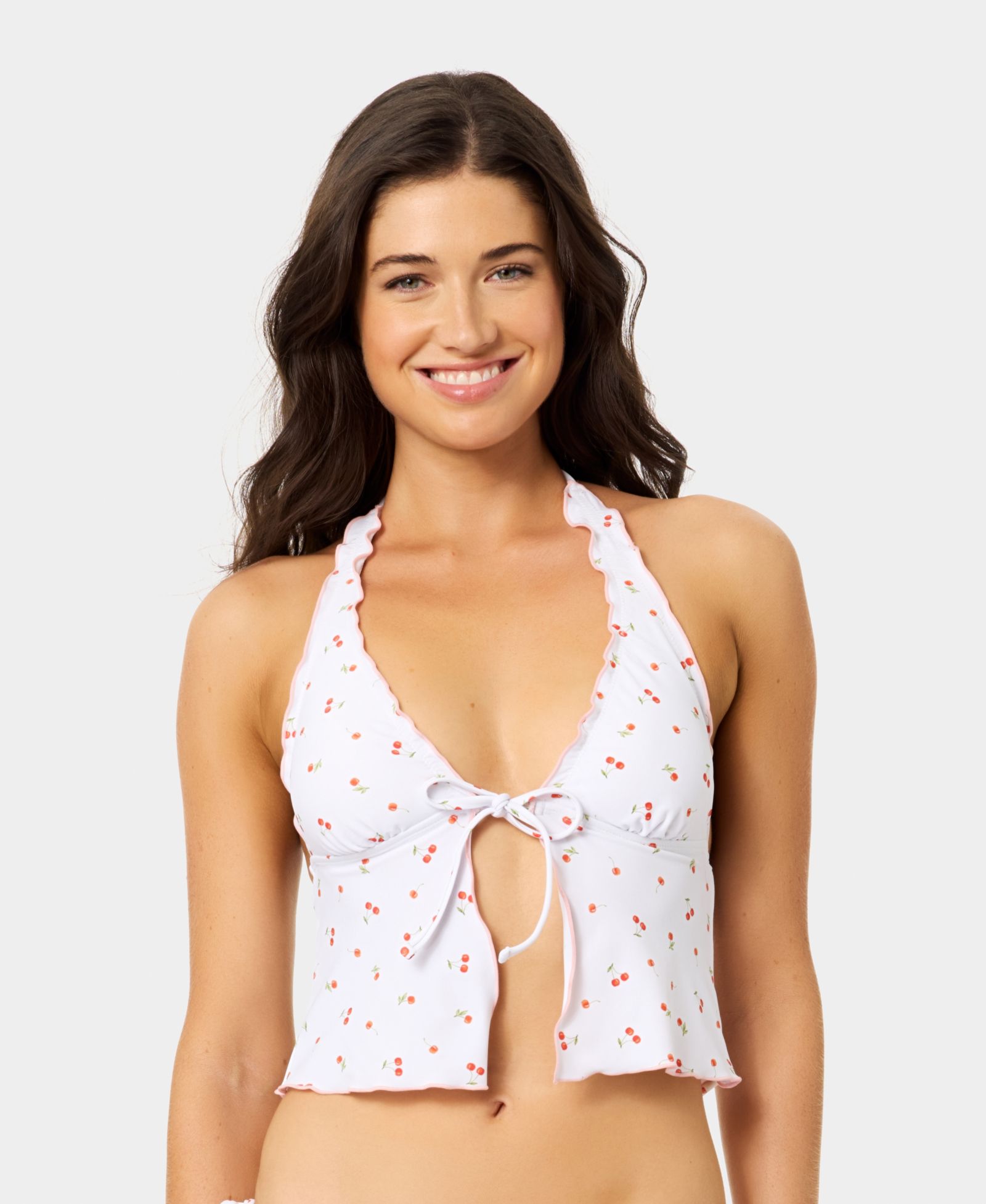 Женский топ-танкини California Waves Mini Cherry Lettuce Edge Bow Front Flyaway Halter Tankini
