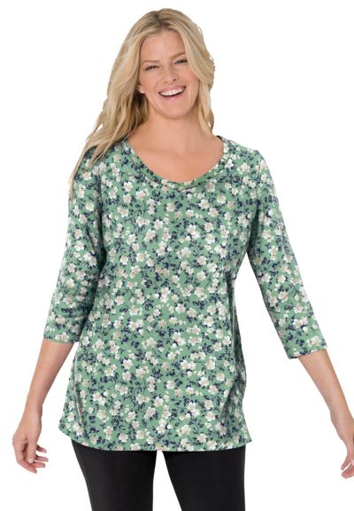 Woman Within Women's Within Perfect Printed Three-Quarter Sleeve V-Neck Tee