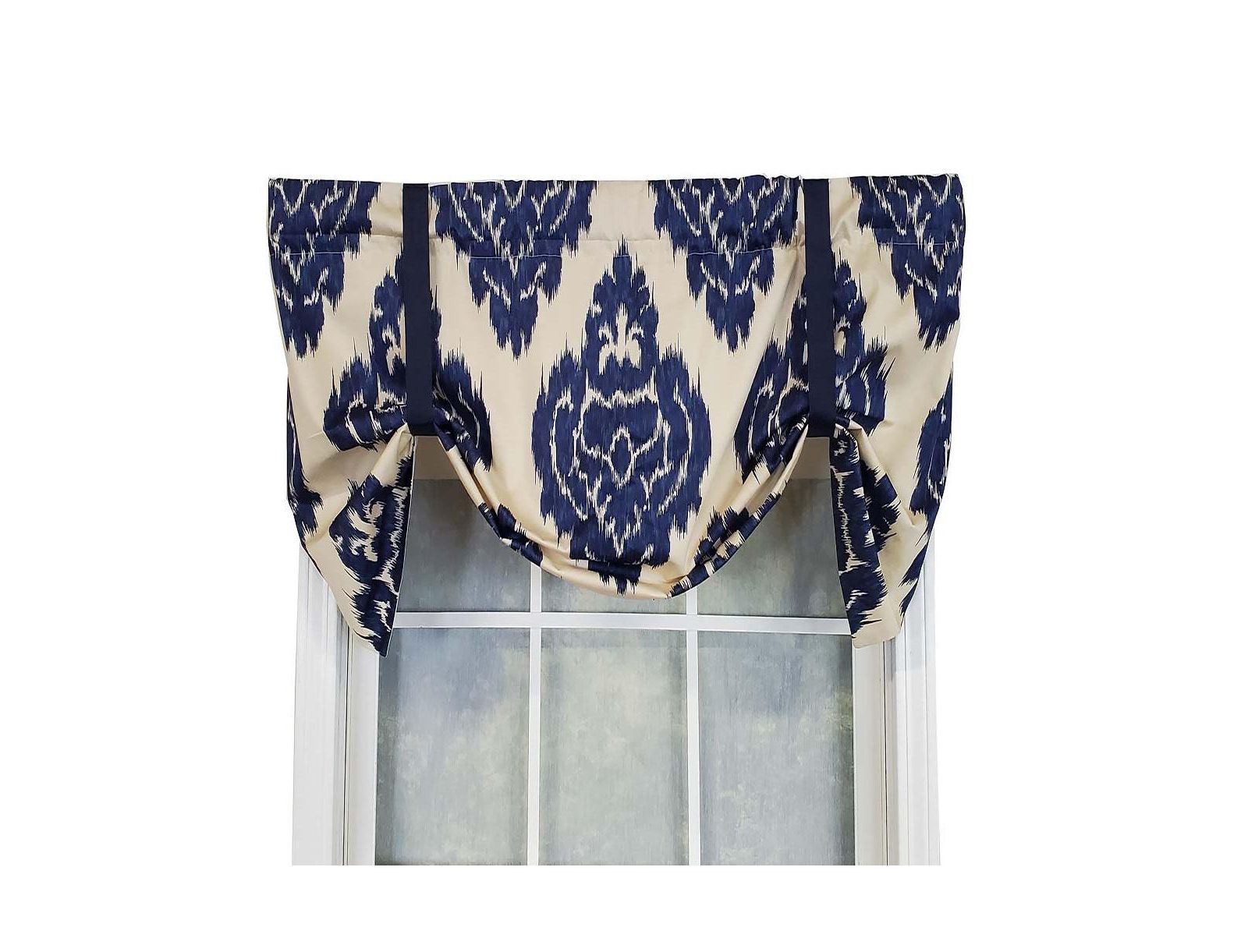 RLF Home Flame Large Damask Flame Design Tie-Up Window Treatment Valance 3" Rod Pocket 50" x 23" Navy Blue/Ivory