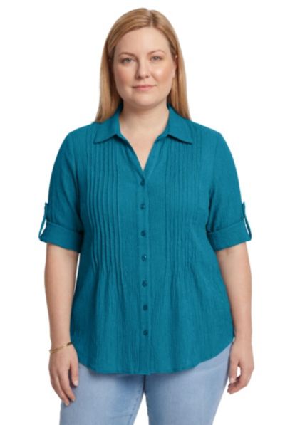 Woman Within Women's Within Pintucked Button Down Gauze Shirt