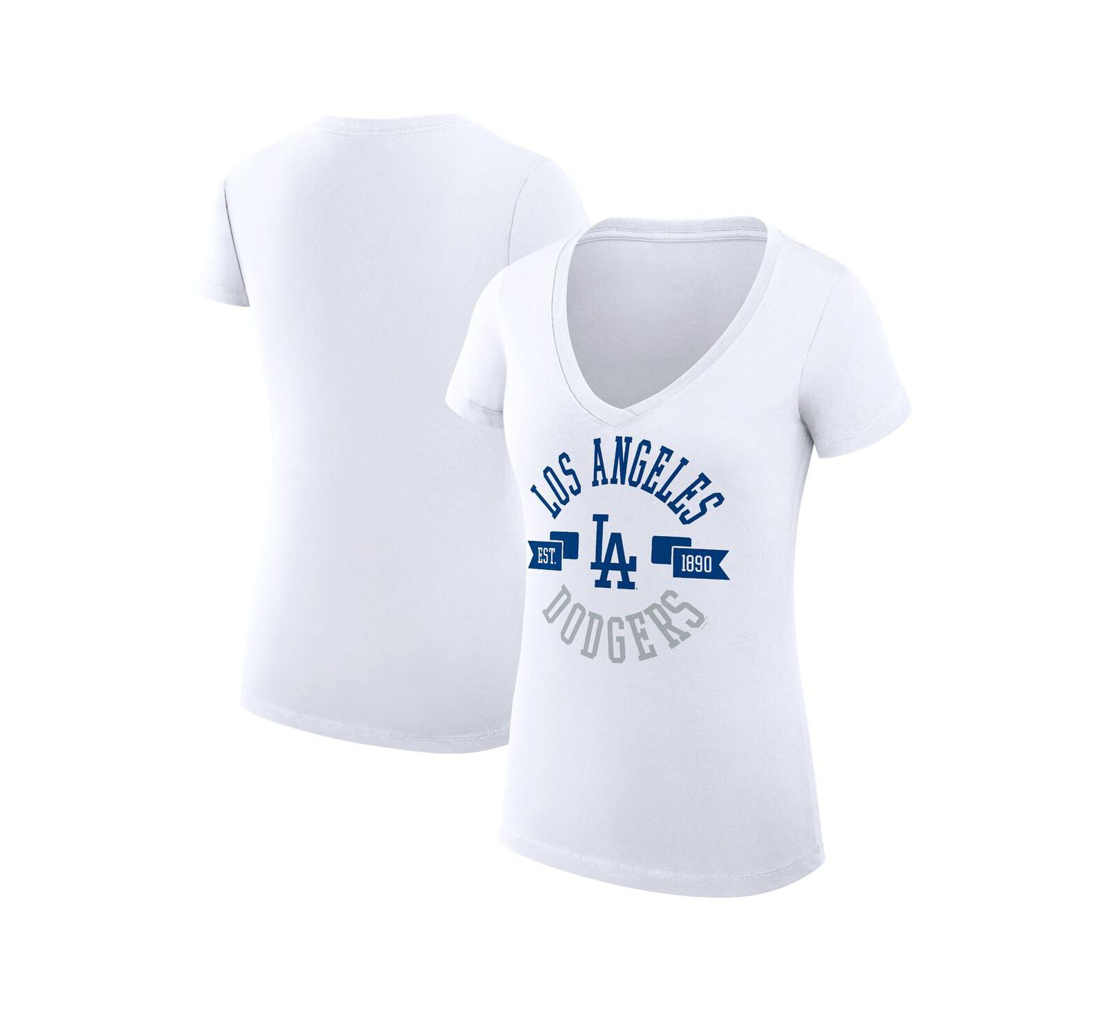 G-III 4Her by Carl Banks Women's White Los Angeles Dodgers Super-Slim Fit Lightweight City Graphic V-Neck T-Shirt