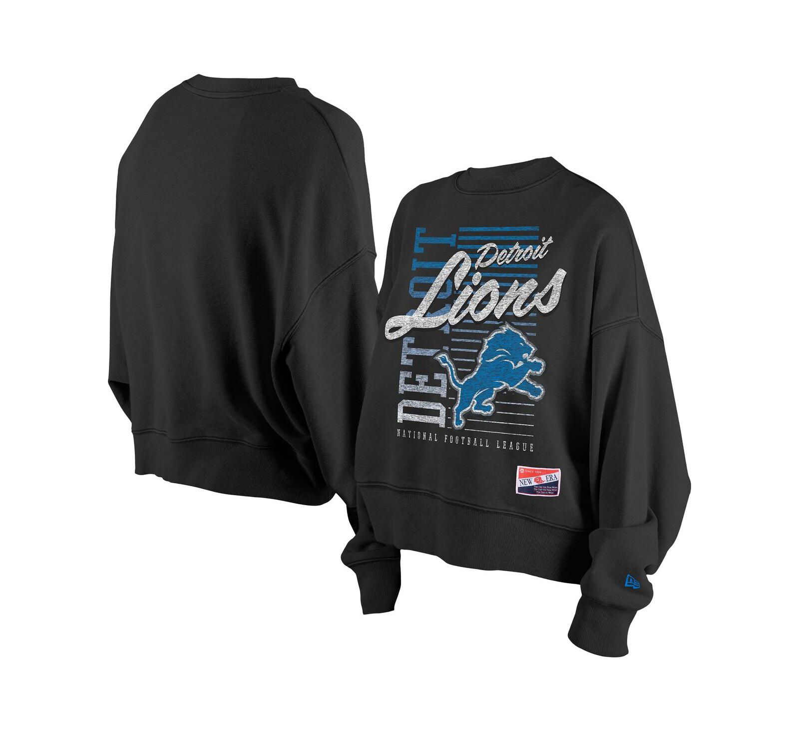 New Era Women's Black Detroit Lions Oversized Throwback Mineral Wash Crew Neck Sweatshirt