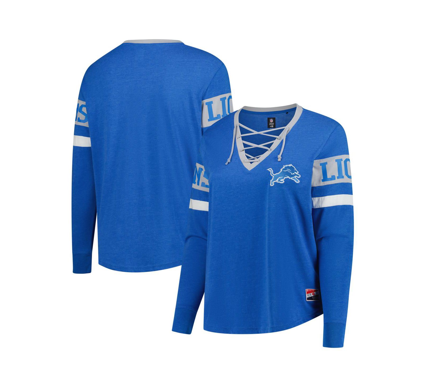 Женская футболка New Era Women's Blue Detroit Lions Plus Size Throwback Lace-Up Long Sleeve