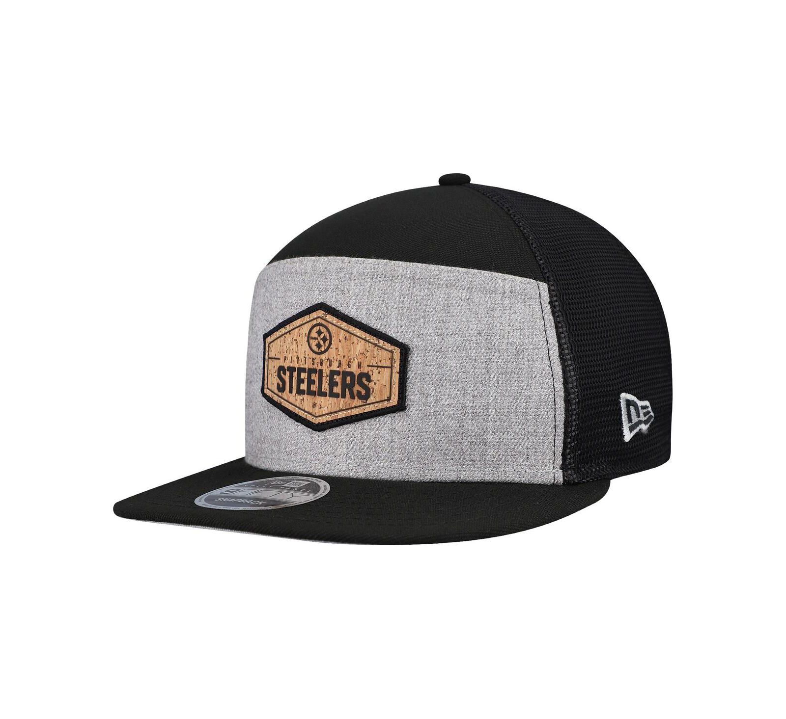 Мужская кепка New Era Gray/Black Pittsburgh Steelers Cork Split Panel 9FIFTY Trucker Snapback Hat