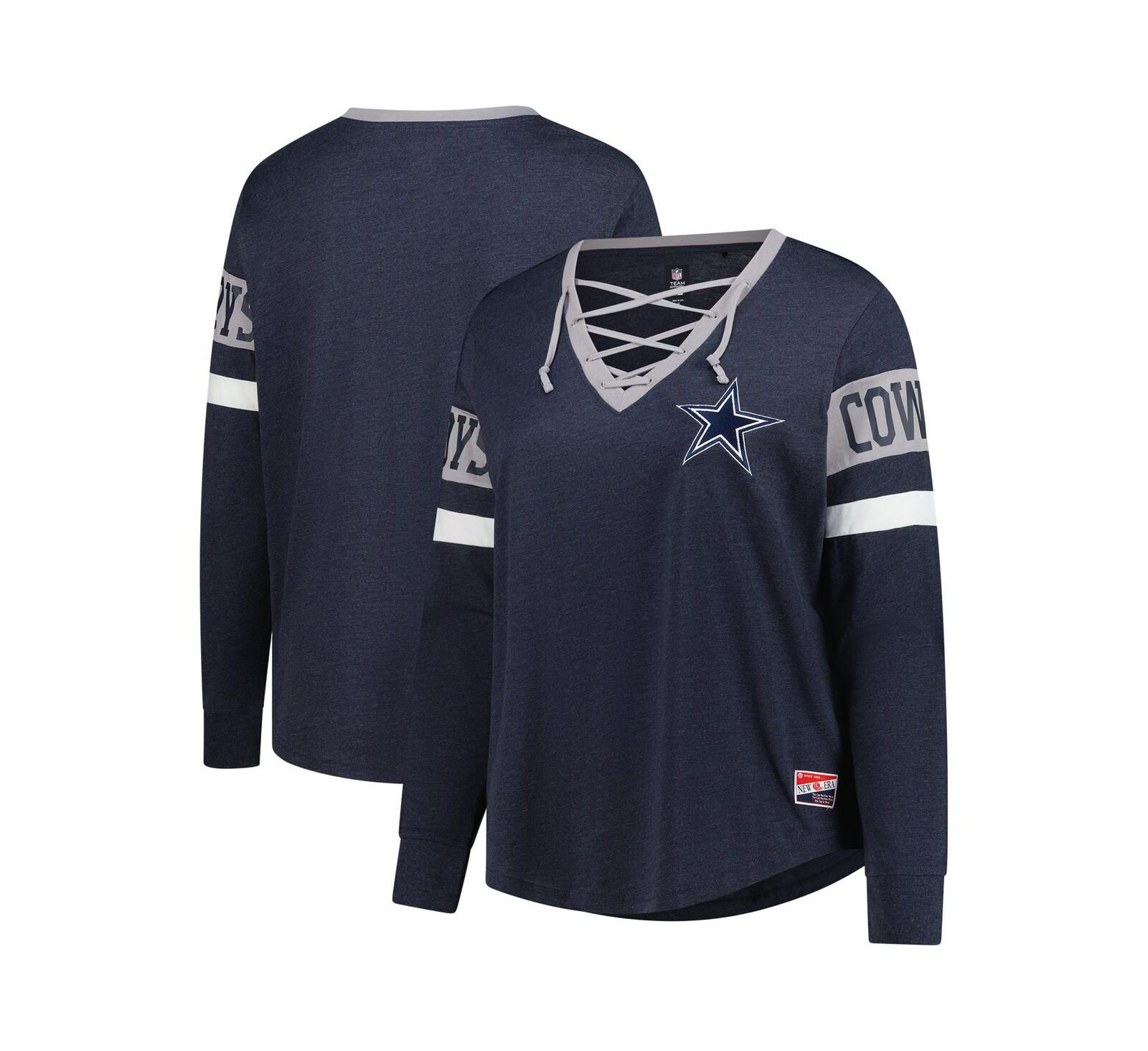 New Era Women's Navy Dallas Cowboys Plus Size Throwback Lace-Up Long Sleeve T-Shirt