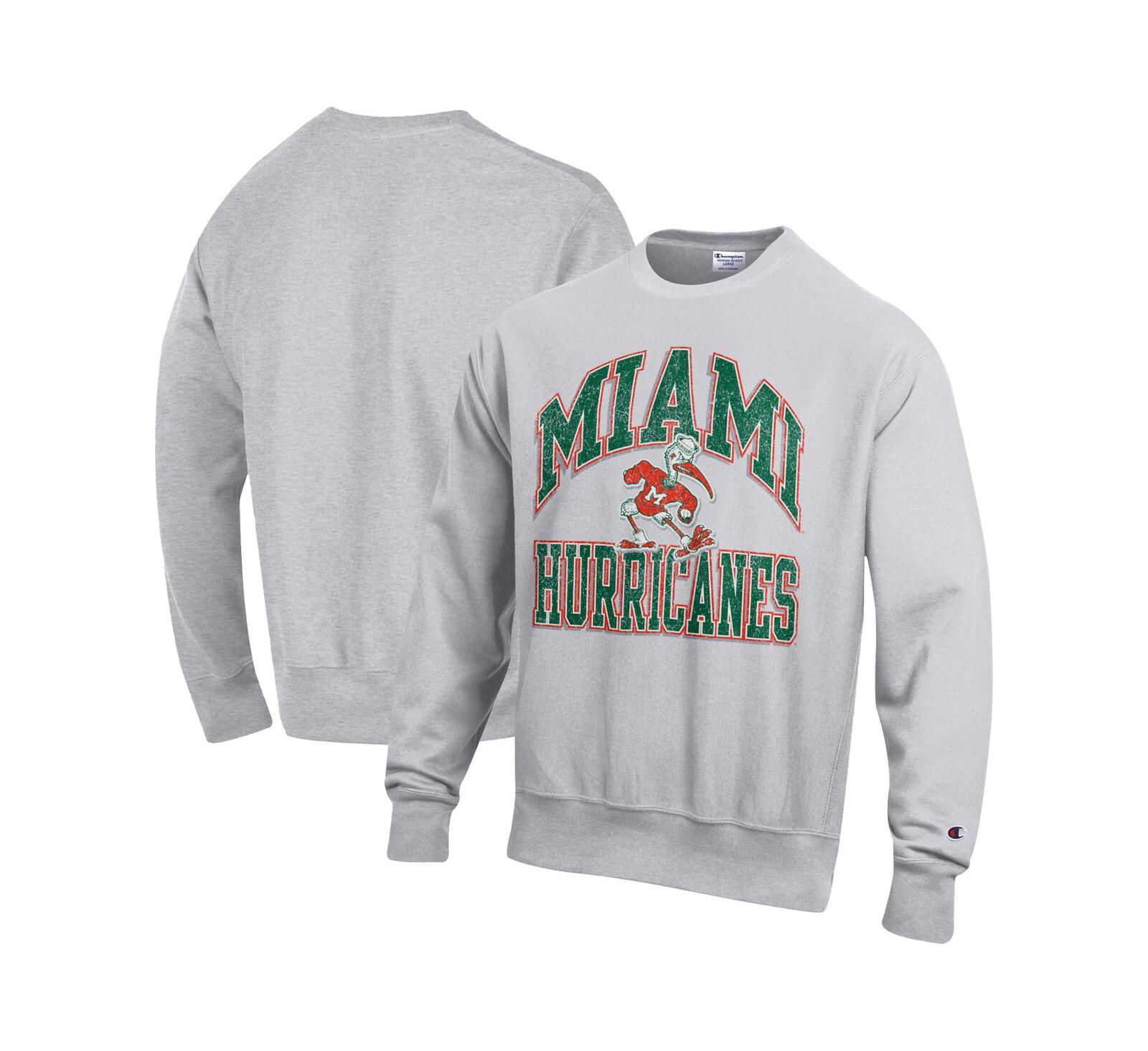 Мужское свитшот Champion Gray Miami Hurricanes Distressed Arch Over Logo Reverse Weave с круглым вырезом