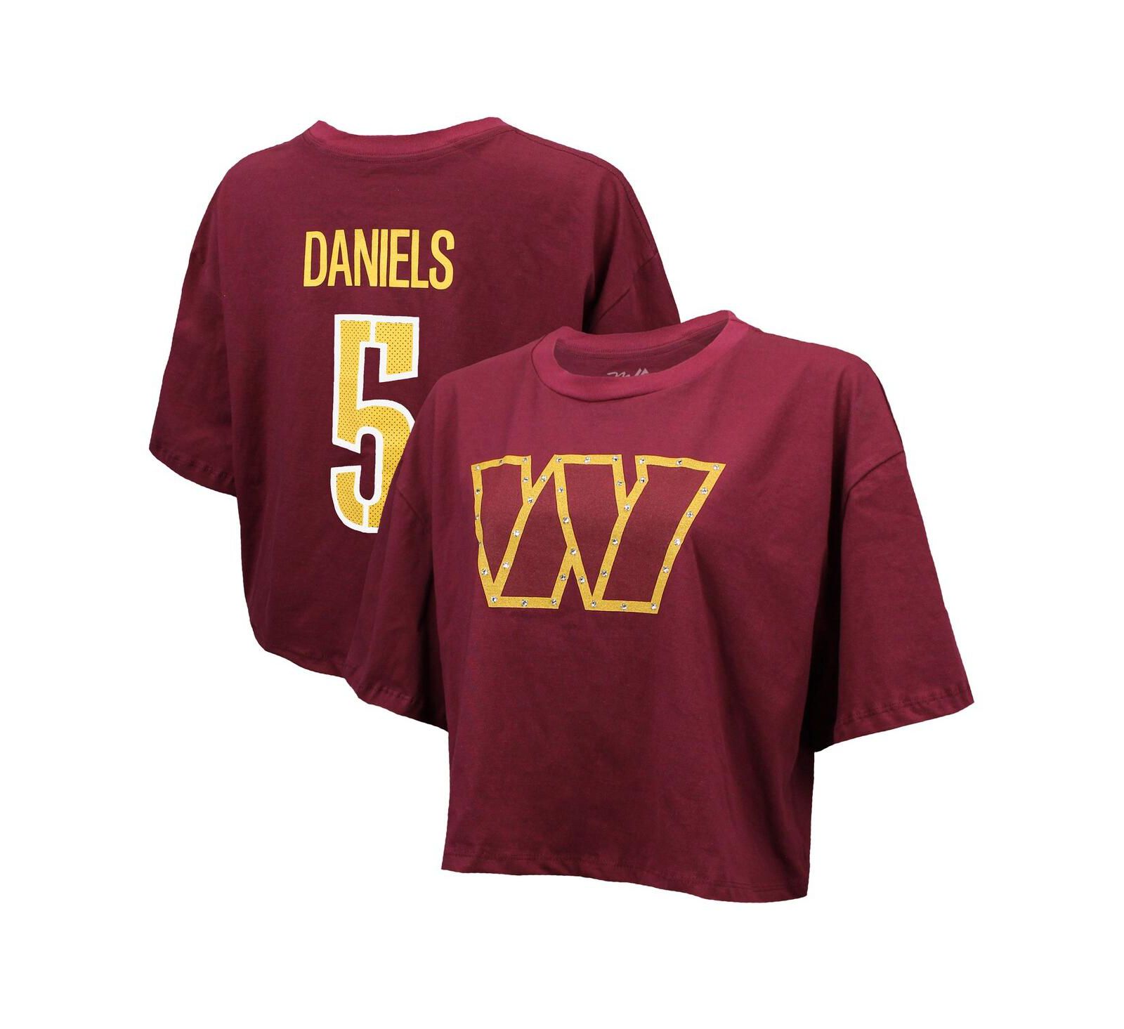 Женская футболка Majestic Threads Jayden Daniels Burgundy Washington Commanders со стразами Swarovski Boxy Cropped