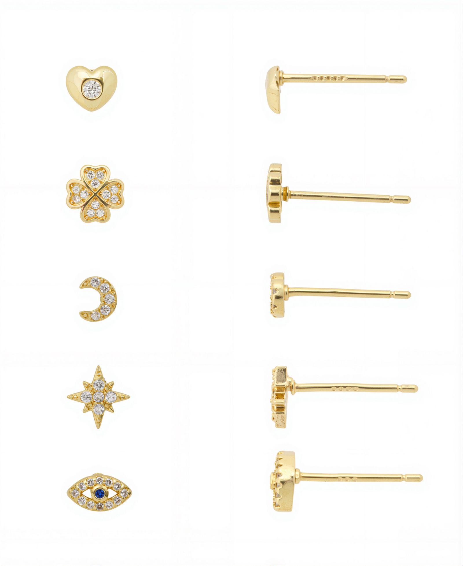 Unwritten Gold Plated Heart, Clover, Moon, Star and Evil Eye Post Back Stud Earrings Set
