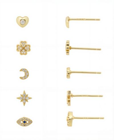 Unwritten Gold Plated Heart, Clover, Moon, Star and Evil Eye Post Back Stud Earrings Set