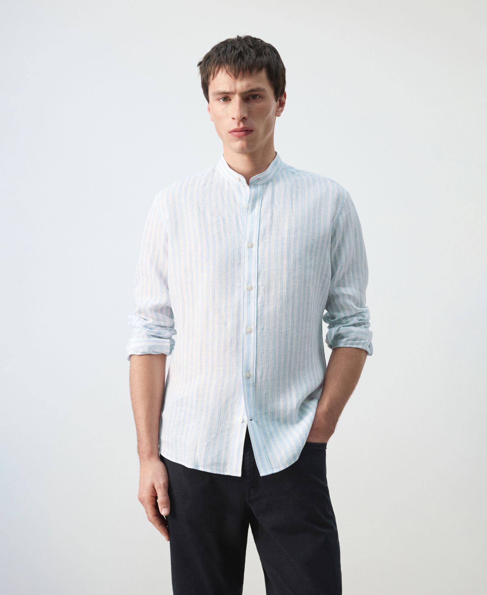 Mango Men's Mandarin Collar Striped Shirt