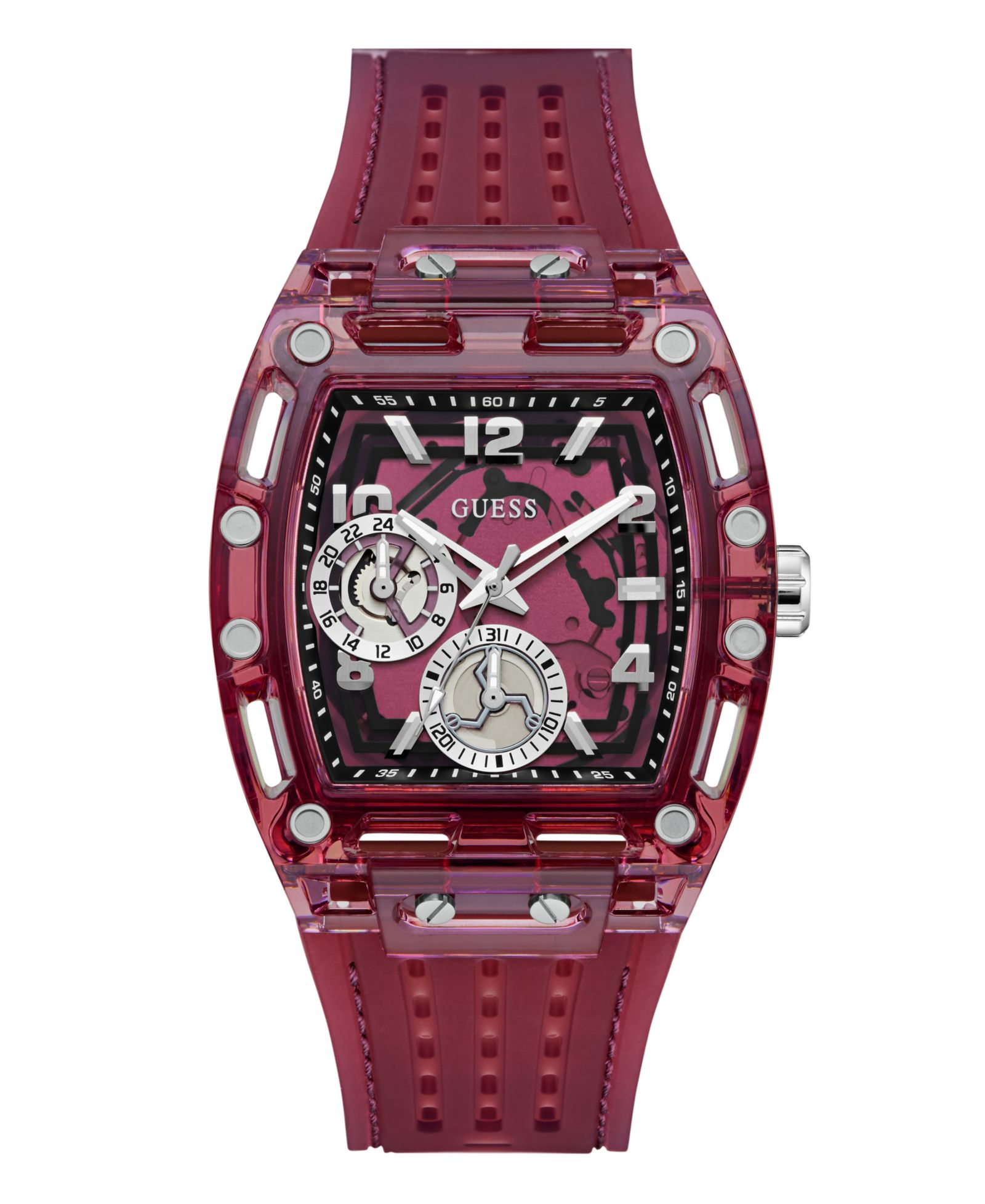 GUESS Men's Burgandy Silicone Multi-Function Watch, 42mm