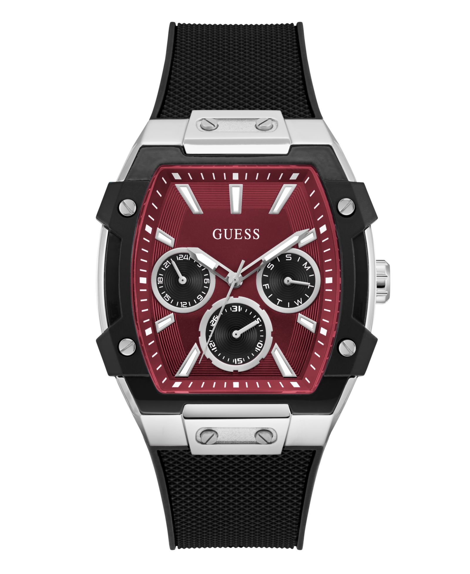 GUESS Men's Silver-Tone Black Silicone Multi-Function Watch, 44mm