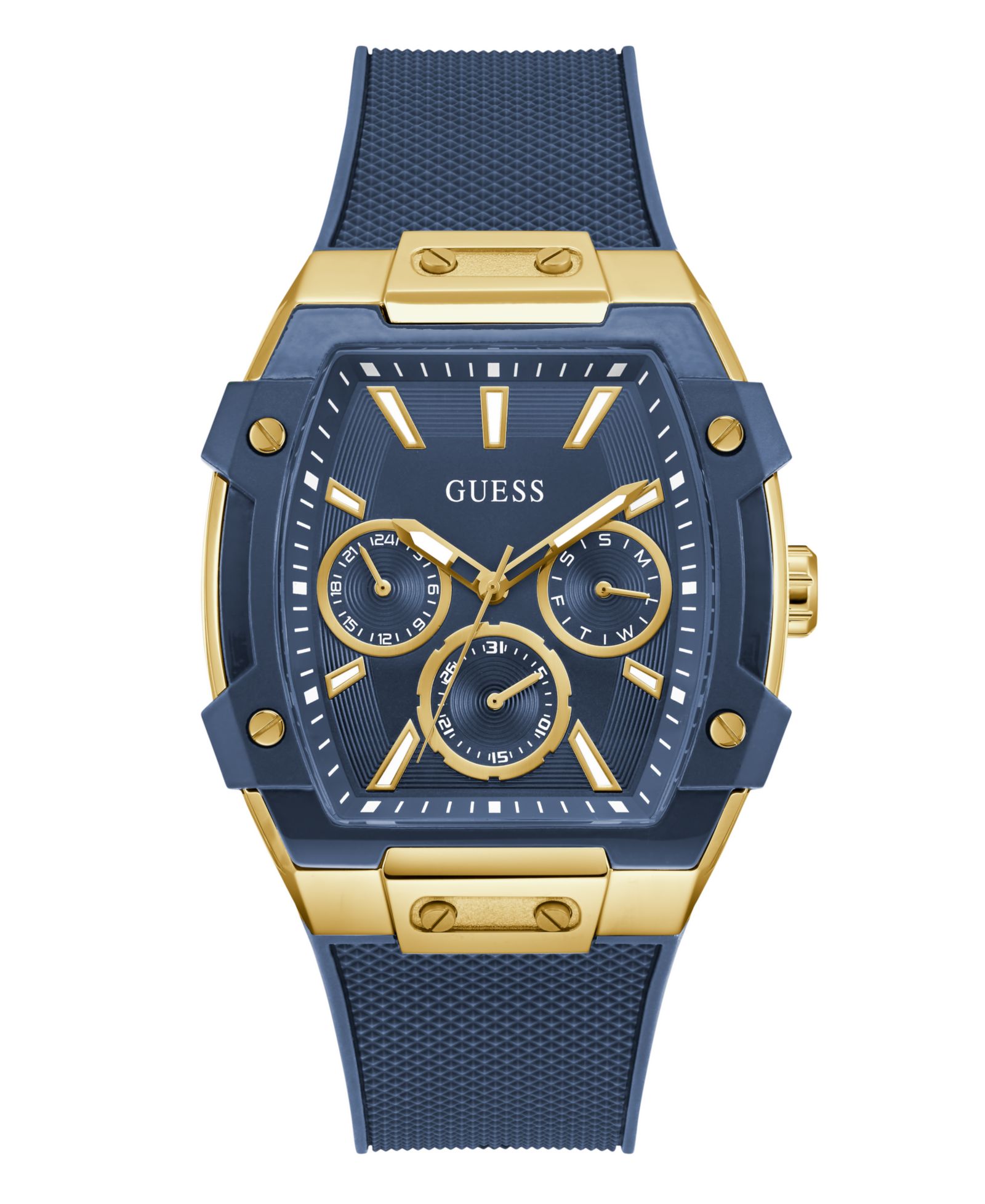 GUESS Мужские многофункциональные часы Gold-Tone Indigo Silicone, 44mm