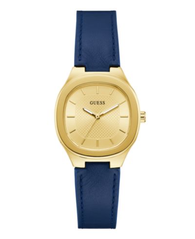 GUESS Women's Gold-Tone Blue Leather Analog Watch, 32mm