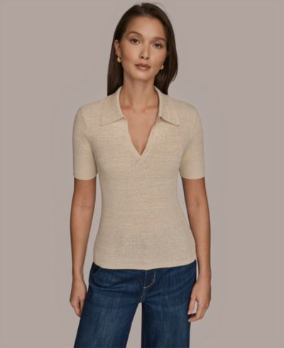 Donna Karan Weekend Women's Cotton Rib Elbow Sleeve Polo Sweater