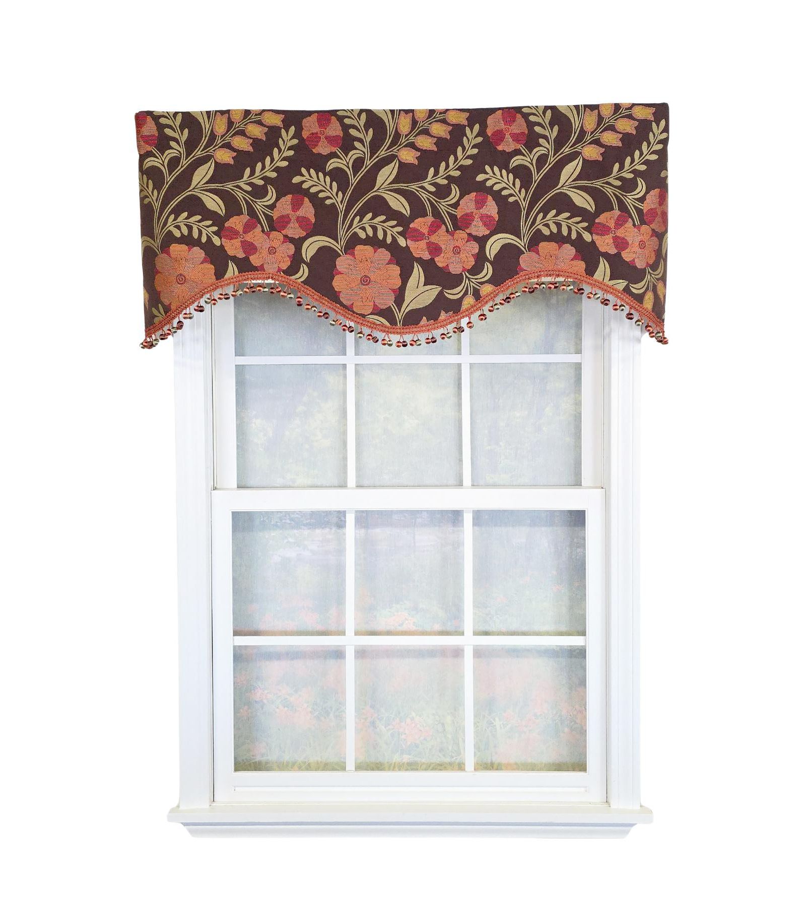 RLF Home Lady Diane Cornice Valance Brown with Multicolor Tassel Trim 100% Cotton Fits Up to 48"W 50" x 17"  Brown