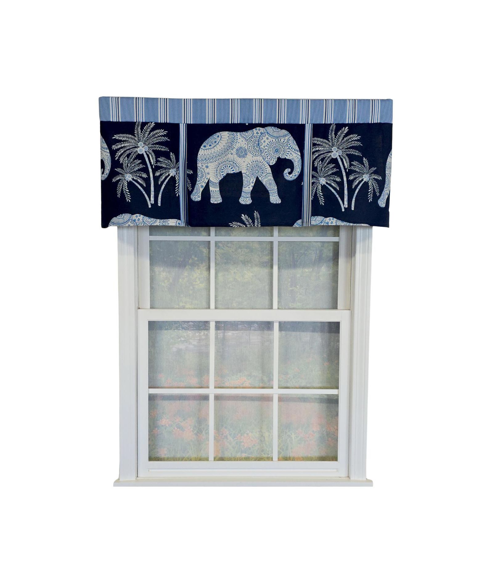 RLF Home 100% Cotton White Elephant Pleated  Unlined Windows Rod Pocket Valance 50" x 17"  Blue