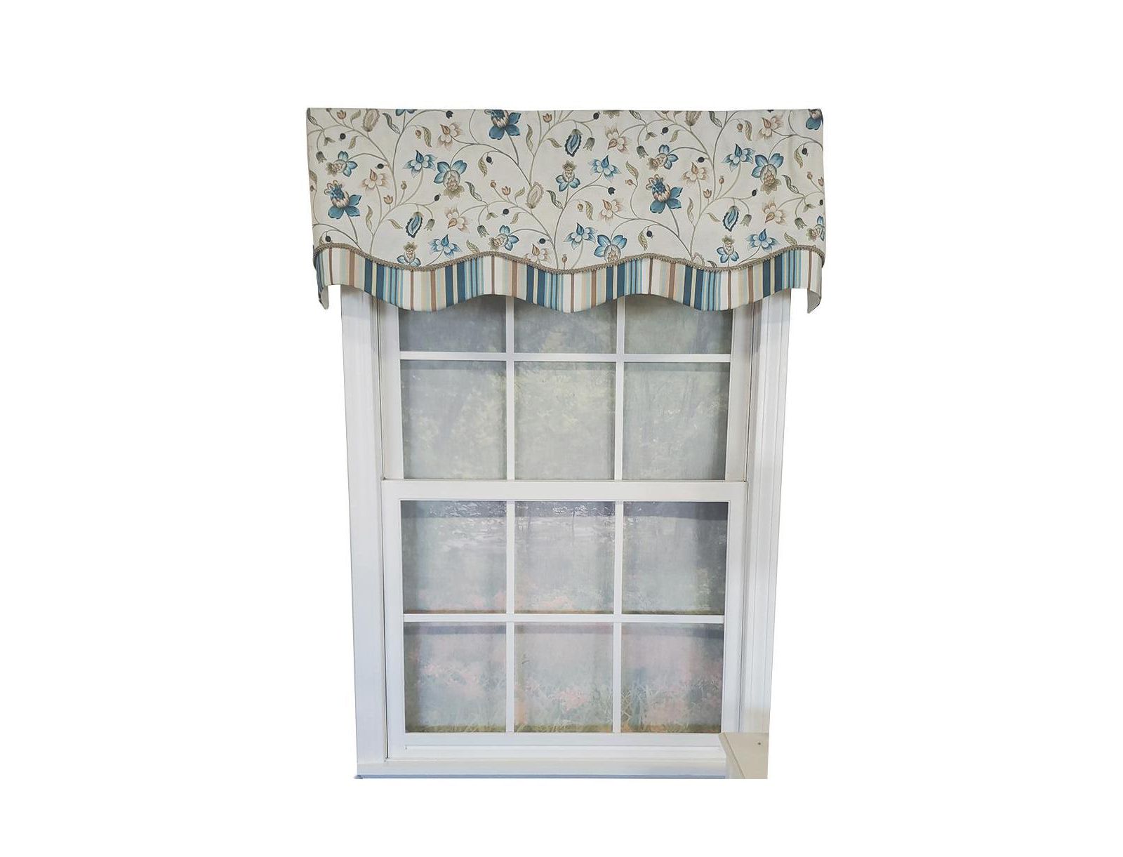 RLF Home Sandra Glory Window Treatment 100% Cotton Stripe with Gimp Trim Luxurious Lining Valance 50"x15", Blue