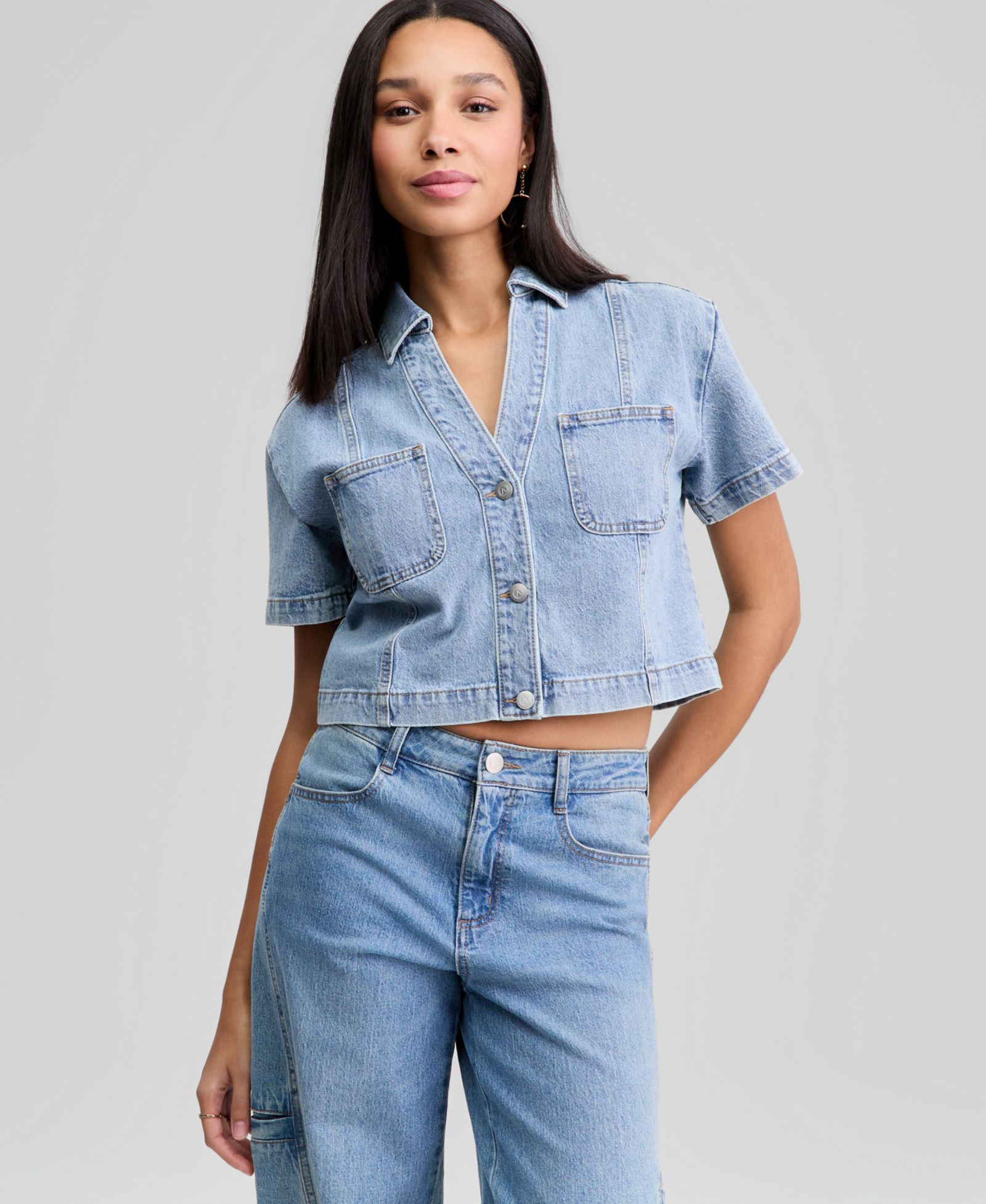 And Now This Petite Short-Sleeve Denim Shirt, Macy's Exclusive