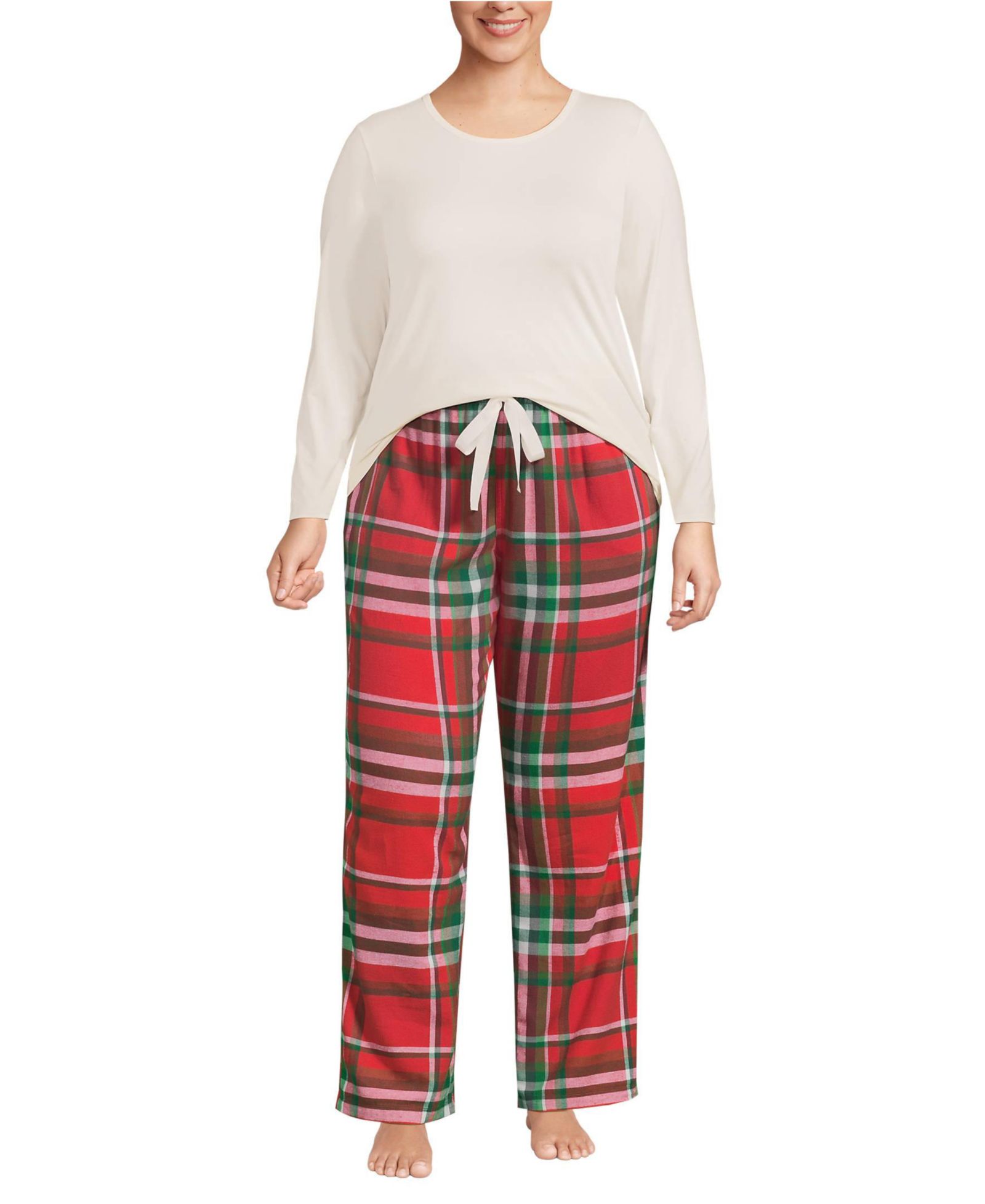 Lands' End Plus Size Pajama Gift Set - Knit Long Sleeve Top and Flannel Pants